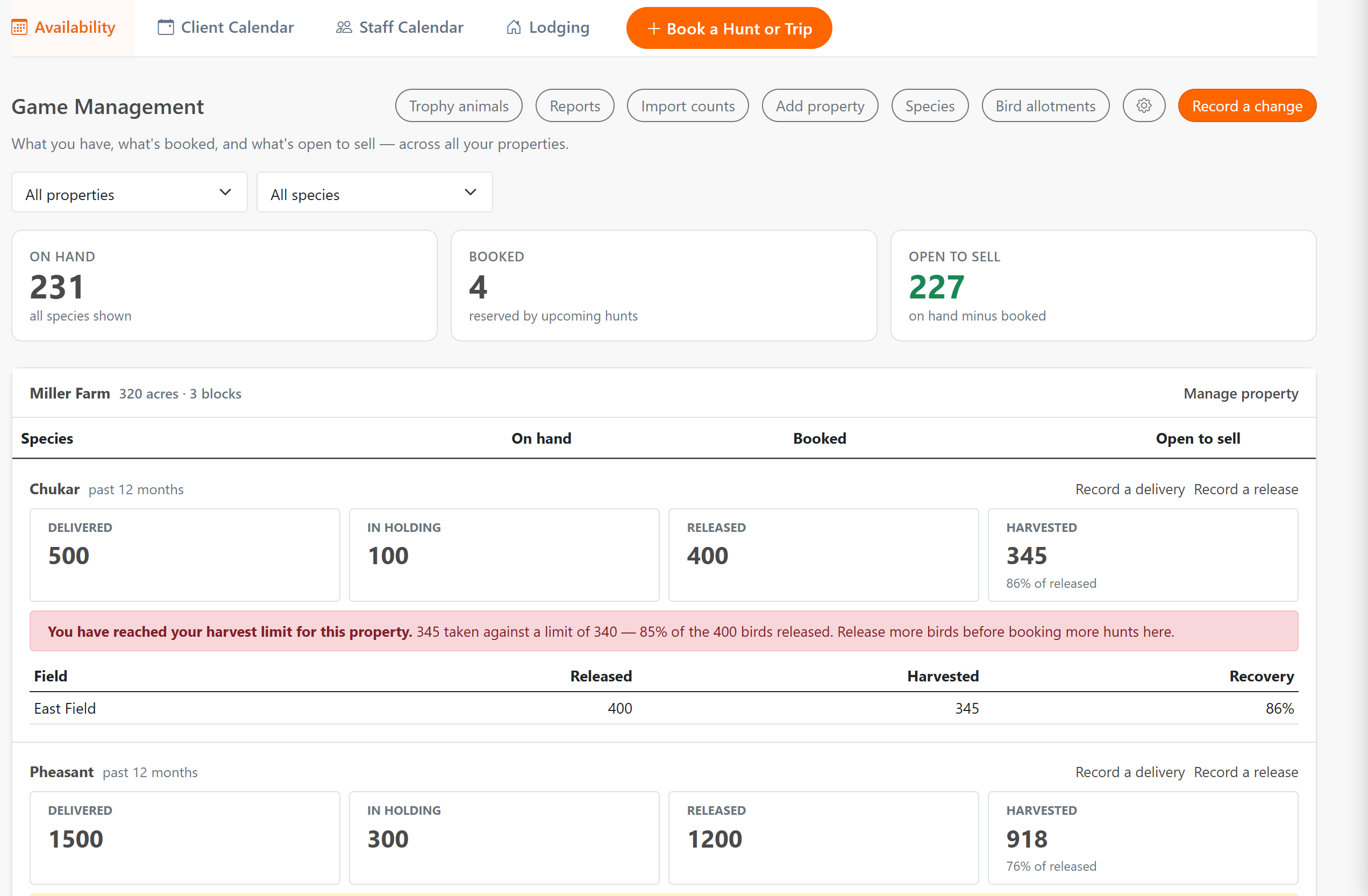 Game Management dashboard showing animals on hand, booked, and open to sell for each species and pasture